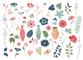 Collection of vector colorful flowers. Blooming garden. Set of chamomile, daisies