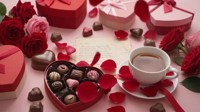 A Valentine's Day arrangement features heart-shaped gift boxes, roses, chocolates, and a cup of tea. Rose petals fall gently, creating a romantic atmosphere. This video captures the essence of love