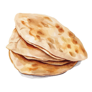 Hand-drawn watercolor artwork of Pita Bread, vector, isolated on a white background.