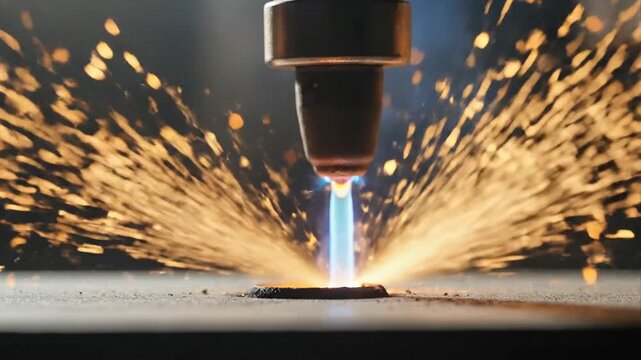 Industrial cutting process metal sheet plasma torch close up sparks