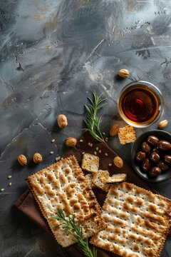 Passover seder table set for family celebration. Warm holiday atmosphere with traditional foods, wine, and unleavened bread