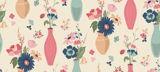 Modern vector floral seamless pattern. A colorful endless pattern of flowers and plants, bouquets in vases. Romantic summer design
