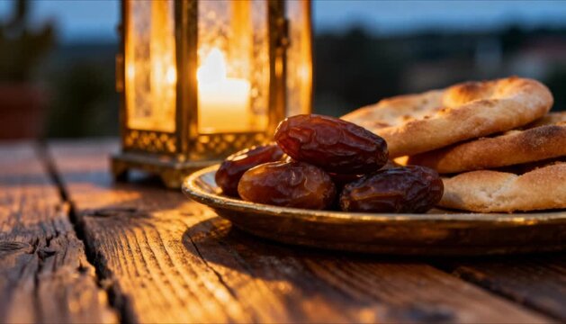 close up iftar setup dates and bread with lantern perfect for islamic celebrations
