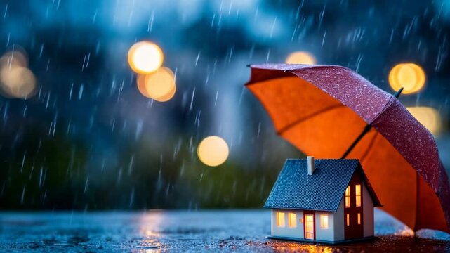 Miniature house under umbrella in rain representing home protection insurance security safety comfort and financial planning during uncertain weather conditions