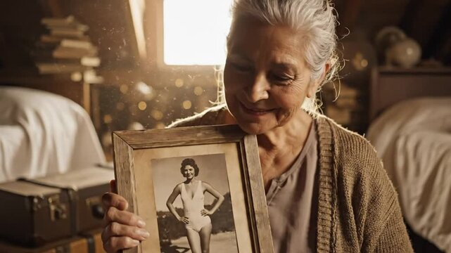 Senior woman reminiscing in sunlit attic, holding a framed photograph of her younger self and smiling