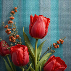 Red Tulips Floral Still Life on Blue Background