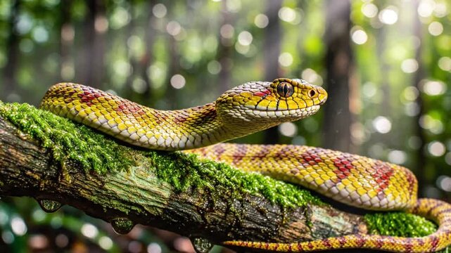The vividly colored eyelash pit viper poised on a branch in a lush tropical forest, showcasing its beauty