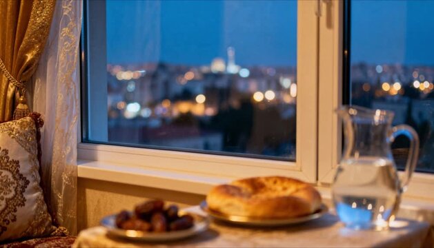 cozy iftar table near window blurred city lights perfect for islamic celebrations