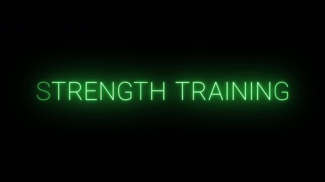 Flickering neon green glowing strength training sign animated black background.