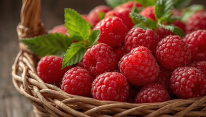 Close-up view of a wicker basket filled with fresh, ripe raspberries, surrounded by vibrant green leaves