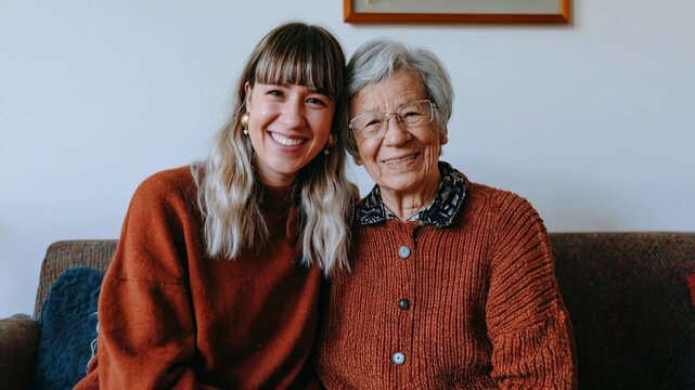 Smiling granddaughter sitting close with elderly grandmother on sofa showing warmth care mutual respect and peaceful multi generational family relationship at home