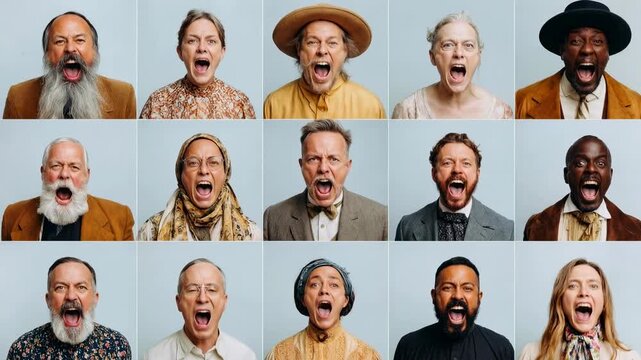 Grid of diverse expressive faces of men and women showing wide range of emotions individuality age differences and authentic human character portraits
