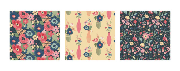 Set of three vector floral seamless patterns. A colorful endless pattern of flowers and plants. A Romantic collection