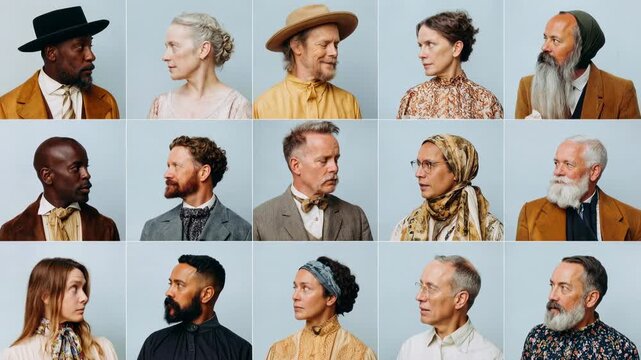 Grid portrait showing diverse individuals from different generations facing each other symbolizing dialogue perspective exchange and rich social diversity