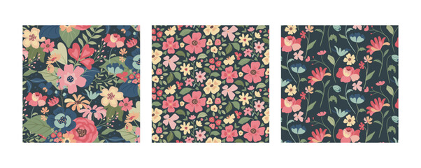 Set of three vector floral seamless patterns. A colorful endless pattern of flowers and plants. A Romantic collection