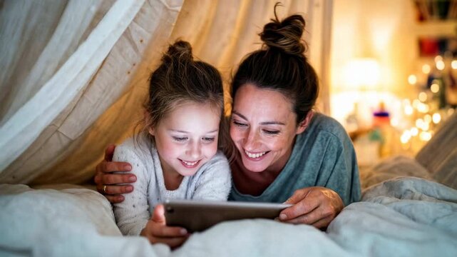 Mother and daughter cuddling in bed using tablet together at night sharing comfort bonding technology and cozy family connection