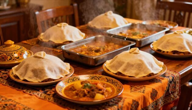 iftar preparation covered dishes waiting at table perfect for islamic celebrations