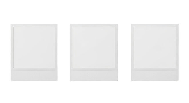 Three blank instant film frames (one square, two portrait) with authentic matte white Polaroid-style borders and transparent copy space, arranged linearly on a transparent background, clean