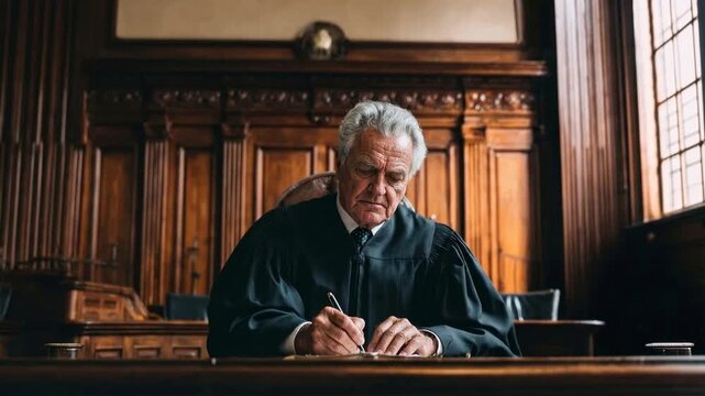 Serious judge writing notes in traditional courtroom setting representing justice law responsibility and legal process within formal interior highlighting authority experience