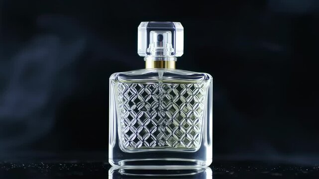 A perfume bottle with a patterned front, gold band, and clear geometric topper against a smokey background