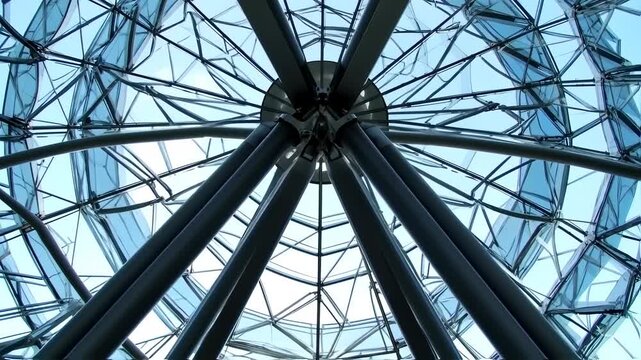 Low-angle view of a geometric, glass and steel architectural structure with a blue sky background