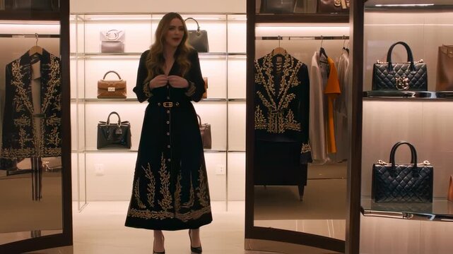 Woman in black dress with gold detailing stands in a bright, modern closet filled with handbags and clothing