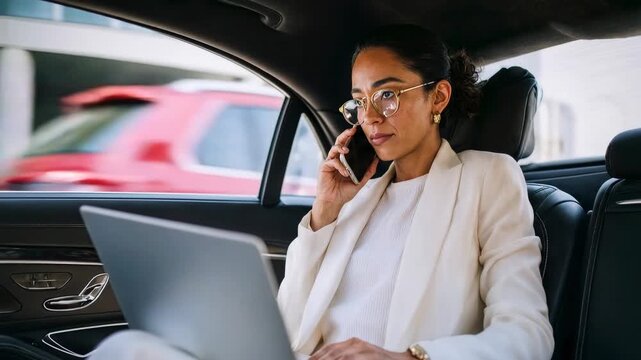 Businesswoman working on laptop while talking on phone in back seat of car illustrating mobility flexibility and modern professional work style
