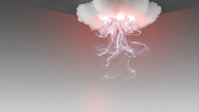 Smoke detector with smoke and radiating alert symbol against gray background