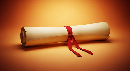 A rolled diploma or certificate tied with a red ribbon, symbolizing achievement and graduation