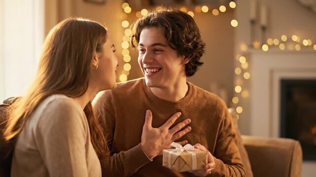 Warm scene of a young couple exchanging a Christmas gift. The man receives a present from the woman and reacts with joy. Cozy home setting with fireplace and lights. Ideal for holiday, love, and