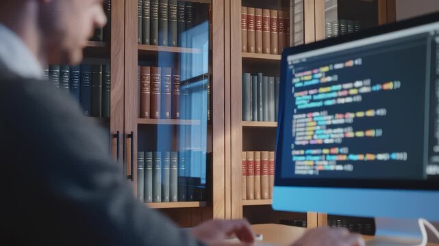 Developer Coding on Computer in Home Office With Bookshelf Backdrop