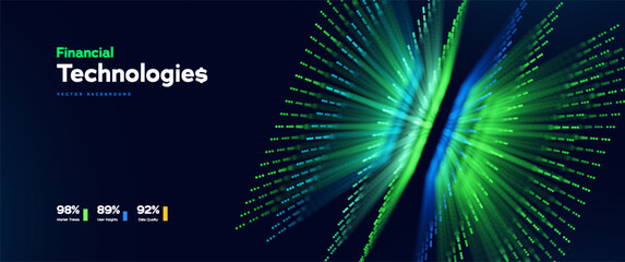 Financial Technology Background With Flowing Green Data Lines Symbolizing Fintech Innovation, Big Data, And Digital Stack Systems For Data Visualisation. Financial Technologies. Vector Illustration. © Oleg