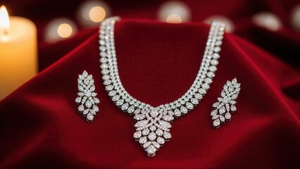 Diamond necklace earrings red velvet candle light