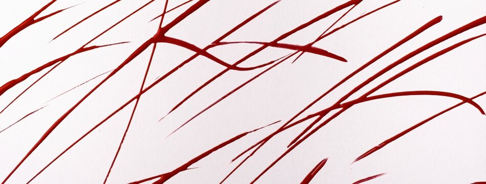 Abstract white art background with dark red acrylic chaotic lines pattern and thin hand drawn brush strokes