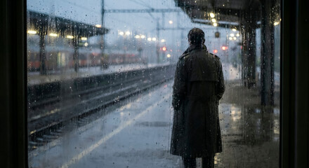 Man standing alone at train station in rain during evening hours, concept of Quiet Solitude Rainy Urban Scenes  