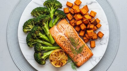 Salmon Broccoli Sweet Potatoes Marble Plate