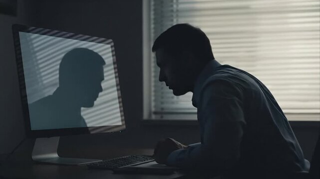 Man working at computer silhouette in dim lighting by window blinds