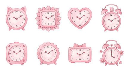 Pink watercolor alarm clock set including heart, cat, flower, bow, and square shapes isolated. Decorative illustration for nursery or bedroom design.