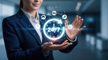 Business person presenting 24/7 customer service concept