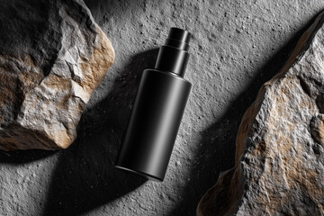 Minimalist Mens Skincare Mockup With a Matte Black Bottle Placed on a Textured Surface Surrounded by Rocks and Shadows