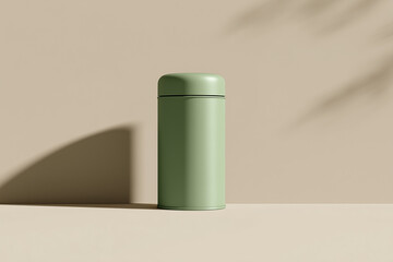 Mockup of Matcha Tea Tin on Simple Background Showing Cylindrical Packaging Design With Natural Tones