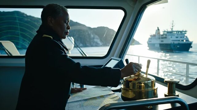Female captain stands on ship bridge looking at sea. Woman captain touches control lever on bridge. Woman checks nautical map on ship. Captain steers vessel. Woman officer works on ship bridge.