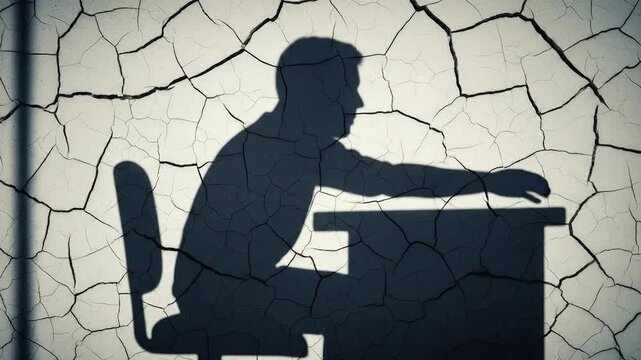 Silhouette of a person working at a desk against a textured background