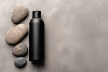 Mens Cosmetic Bottle Mockup With Matte Black Container and Stones on Textured Surface