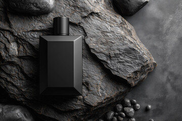 Men's Skincare Packaging Mockup Featuring Matte Black Bottle on Textured Stone Surface With Natural Elements Present