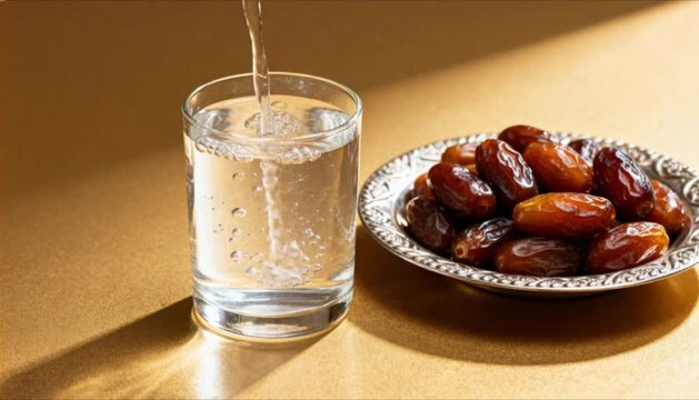 water pouring into glass and premium dates perfect for islamic celebrations