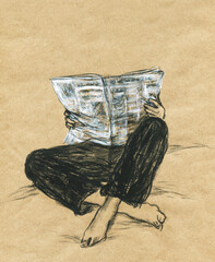 human reading newspaper. watercolor painting. illustration