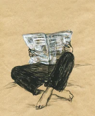 human reading newspaper. watercolor painting. illustration © Anna Ismagilova
