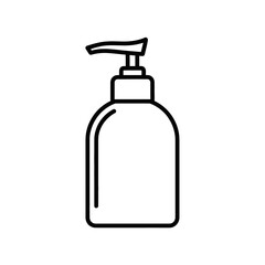 Black and white outline icon of a hand sanitizer pump bottle, simple bottle shape with pump top, monoline black stroke.