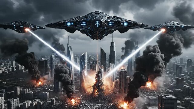 Futuristic alien invasion over urban city. UFOs attack skyscrapers with laser beams. Explosions create dramatic atmosphere. Sci-fi scene captures tension and excitement.